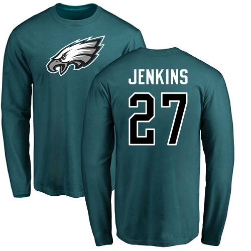 Men Philadelphia Eagles #27 Malcolm Jenkins Green Name and Number Logo Long Sleeve NFL T Shirt->philadelphia eagles->NFL Jersey
